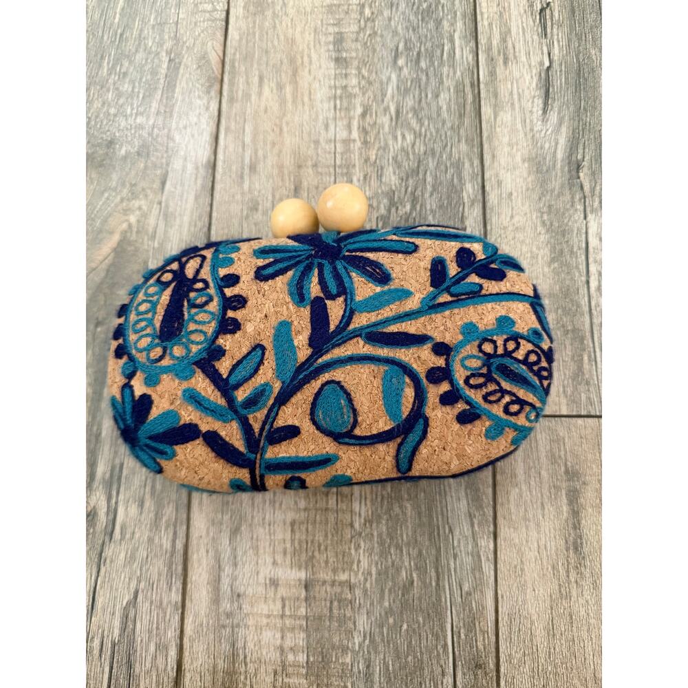 Vintage Cork Clutch Bag Tan Blue Floral Embroidered Kiss Lock Chain Strap - Picture 6 of 8